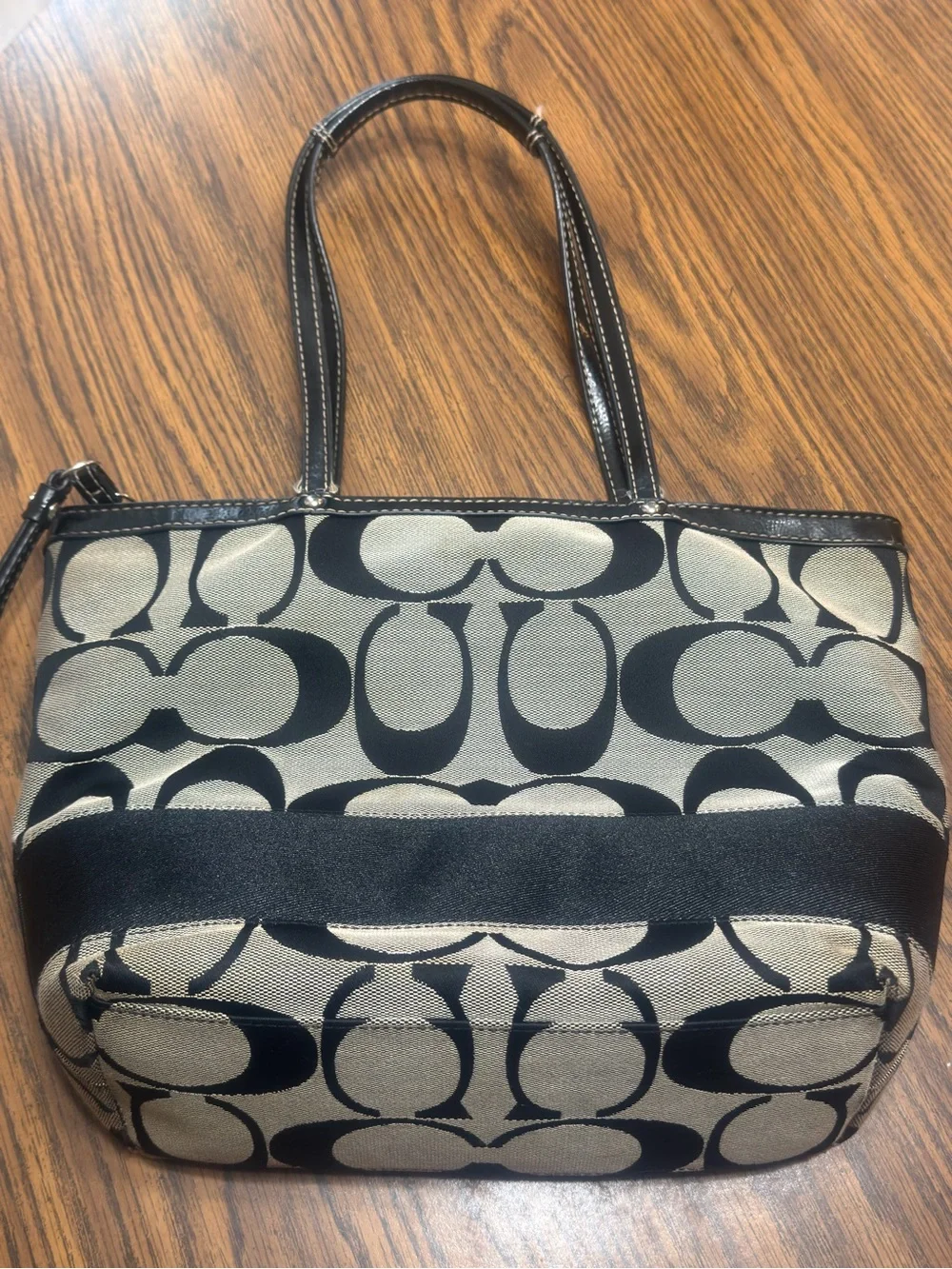 Coach Signature Black & Khaki Canvas Tote Shoulder Bag Purse Leather Trim F17433